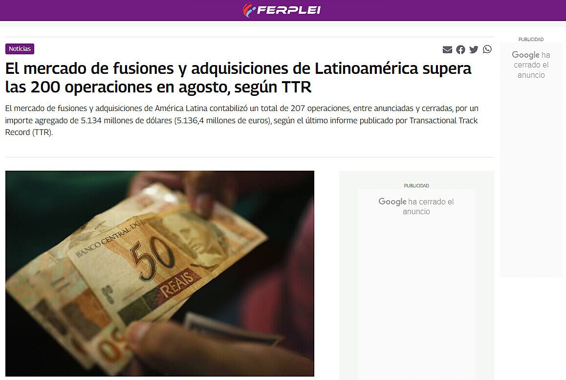 El mercado de fusiones y adquisiciones de Latinoamrica supera las 200 operaciones en agosto, segn TTR